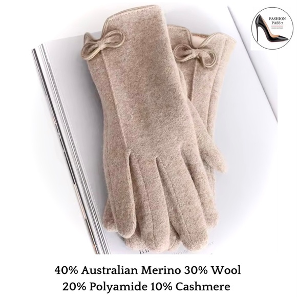 Cashmere & Wool Blend Gloves Accessories - Luxury Cashmere Merino Wool Gloves Classic Beige Driving Winter mittens with bow